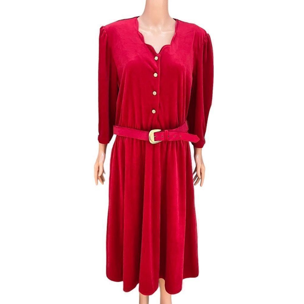 Anthony Richards Vintage Red Velvet Midi Dress Size 20 with belt